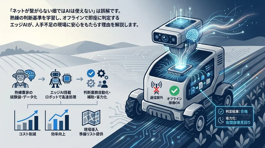 通信圏外の畑でも止まらない。エッジAI搭載ロボットが熟練農家の「目利き」を継承し、人手不足を解消する現実的なアプローチ