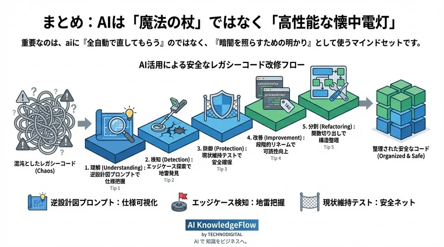 「触るな危険」の塩漬けコードを安全に解読する：LLMを専属のコード考古学者にする5つの現場技 - Conclusion Image