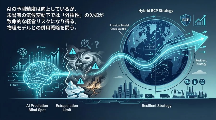 気候変動で崩壊するAI予測の死角：外挿性の欠如と物理モデル共存によるBCP戦略