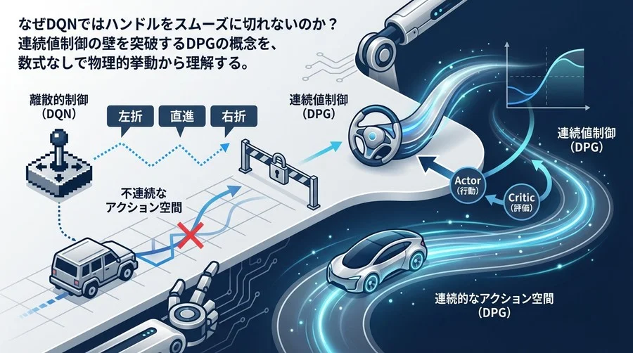 DQNではハンドルを切れない？自動運転AIを支えるDPGの連続値制御メカニズムを直感で理解する