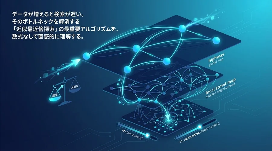 大規模AI検索を加速するHNSWアルゴリズム解説：数式なしで理解する階層型ナビゲーションの仕組み