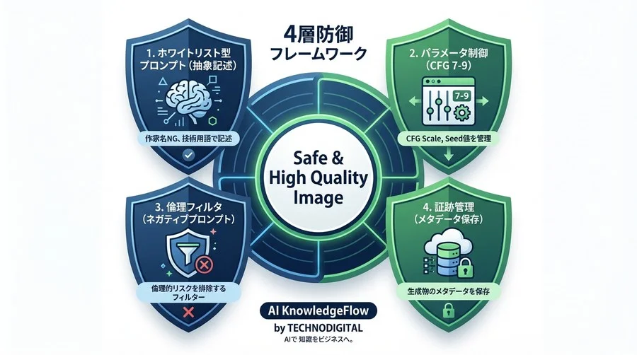 画像生成AIの商用利用リスクをゼロに近づけるパラメータ付きプロンプト設計術【企業向け安全基準】 - Conclusion Image