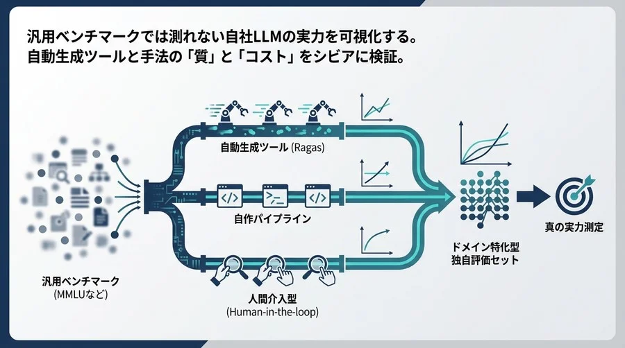 汎用ベンチマークの罠：自社LLMの実力を測る「独自評価セット」自動生成の最適解