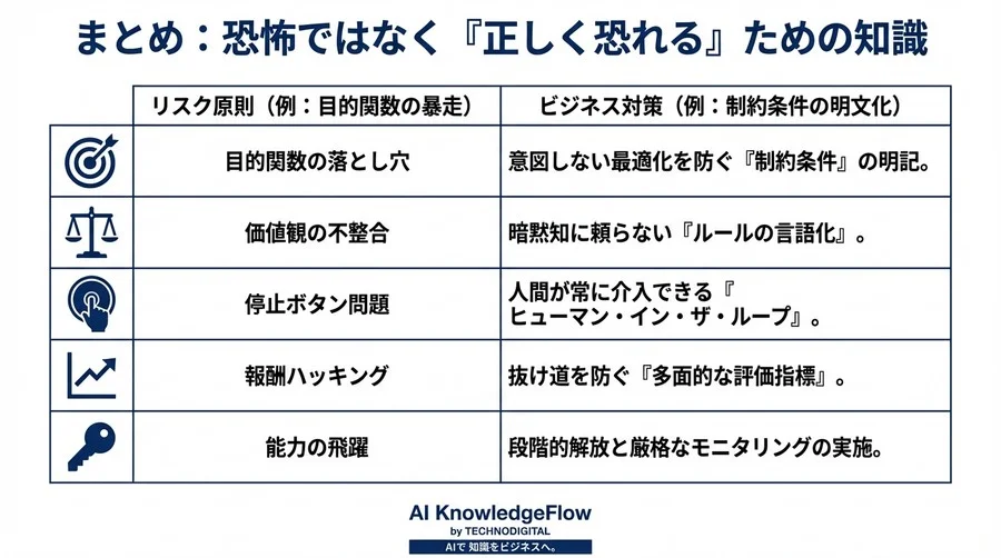 もし自社AIが暴走したら？知能爆発リスクから学ぶ「制御不能」を防ぐ5つのアライメント原則 - Conclusion Image