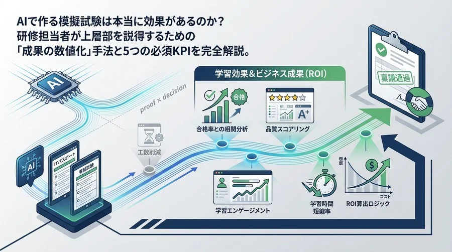 ITパスポート模擬試験×AI作成の「成果」を証明する5つのKPIとROI算出ロジック