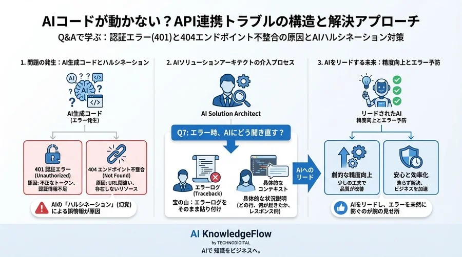 AIコードが動かない？API連携の認証エラーと404の正体【Q&Aトラブルシューティング】 - Conclusion Image