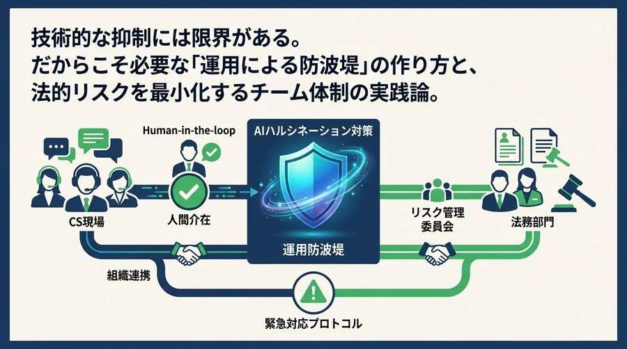 CS向けAIのハルシネーション対策｜法的リスクを封じる「運用防波堤」と組織連携の実践論