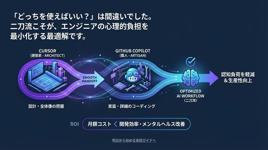 CursorとGitHub Copilotは併用すべき？開発者の脳を守る「二刀流」の最適解