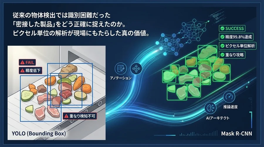 従来の検品AIが失敗する理由：食品工場の「不定形・重なり」を攻略したMask R-CNN導入の全貌