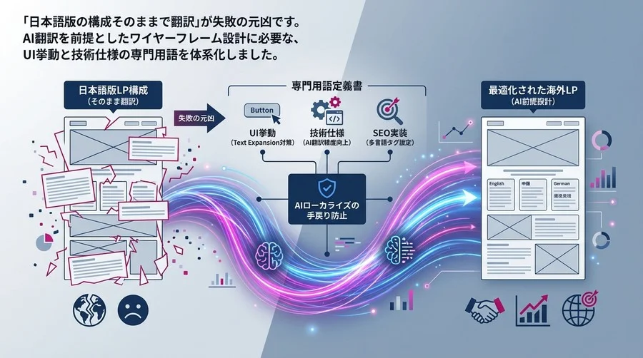 海外LPワイヤーフレーム設計の「翻訳×UI」用語定義書：AIローカライズの手戻りを防ぐ技術と知識