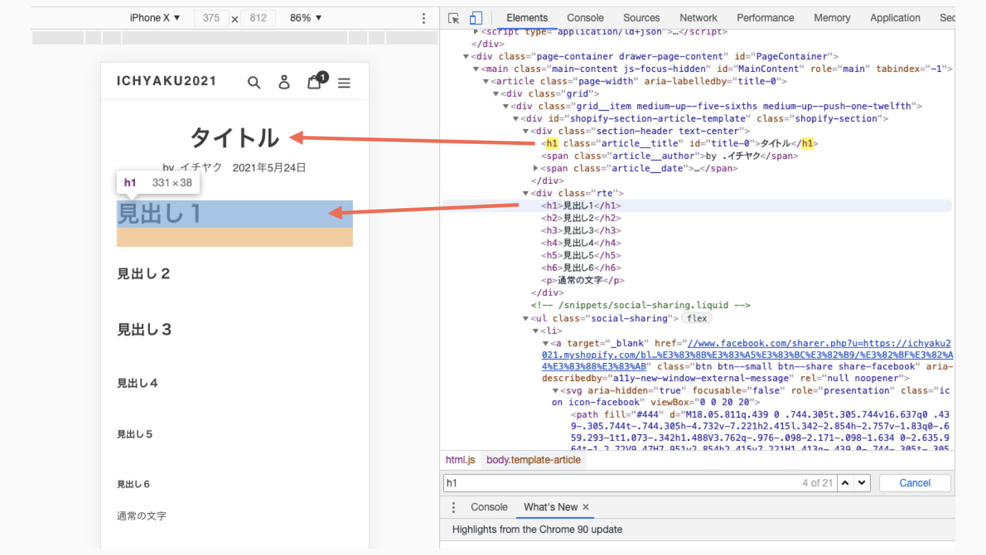 少しマニアックな話ですが、SEO対策としてh1タグは一つの記事に一度だけ使用するのが良いと言われています。またShopifyは、記事タイトルにh1タグが自動的に付与されています。なので、見出し1(h1)は本文では利用しないことをオススメします。