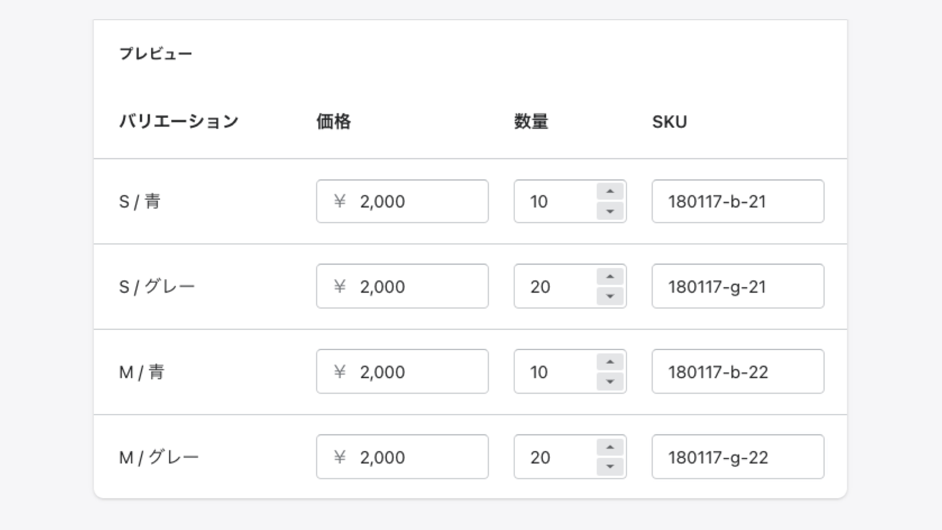 Shopifyの商品登録「バリエーション」の設定
バリエーションを入力すると、バリエーション別の入力項目が現れます。
それぞれの「価格」「在庫数」「SKUコード」を入力しましょう。
