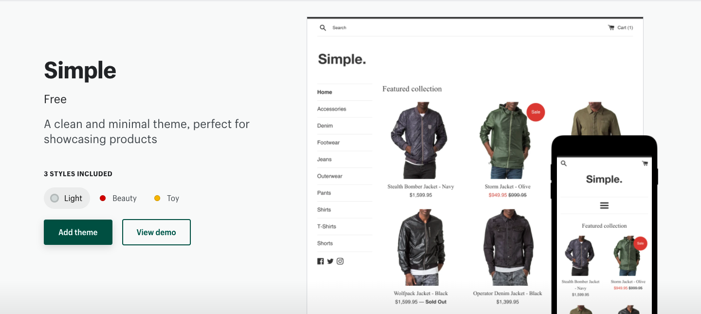 Simpleは、名前のとおりシンプルなデザインで、サイドバーメニューがある唯一の無料テーマです。トップページに多くの商品を表示する場合に適しています。スタイルは「Light」「Beauty」「Toy」の3種類です。