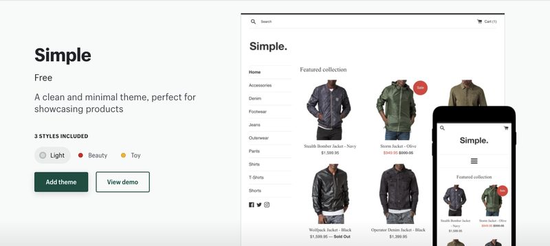 Simpleは、名前のとおりシンプルなデザインで、サイドバーメニューがある唯一の無料テーマです。トップページに多くの商品を表示する場合に適しています。スタイルは「Light」「Beauty」「Toy」の3種類です。