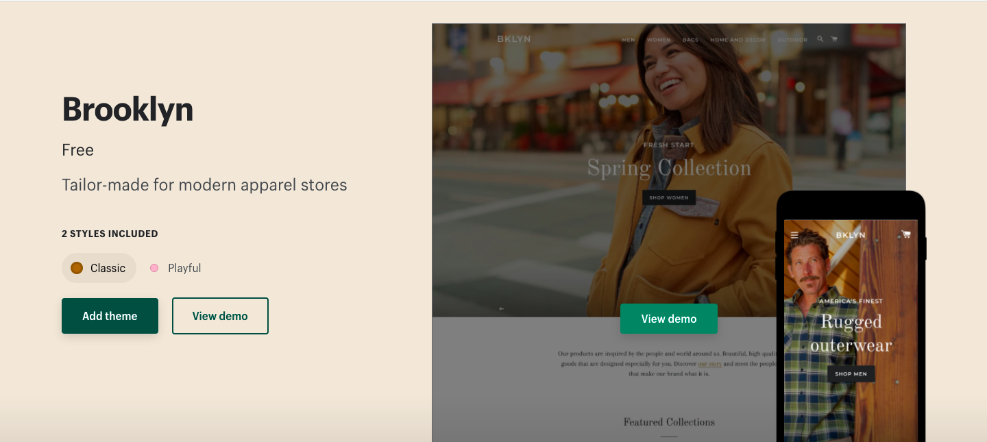 Brooklynは、スライドショーのカスタマイズ性が高く、ヘッダーを透過することも可能なので、ファーストビューでショップのコンセプトをうまく伝えることができます。
コレクションページのレイアウトをコラージュにすることができ、顧客の注意を惹きます。スタイルは「Classic」「Playful」の2種類です。
