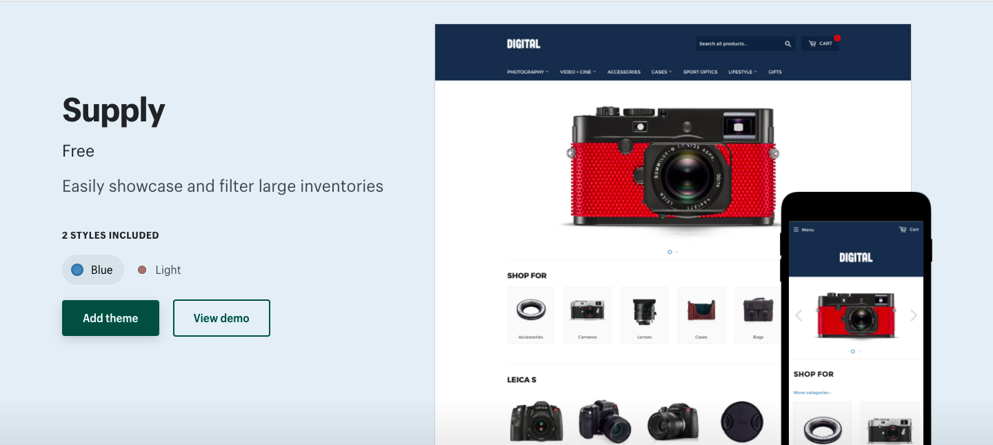 Supplyは、コレクションページでサイドバーを表示し、タグやグループで分けた商品一覧を閲覧できるので、商品が多い場合に求めている商品を探しやすいデザインです。スタイルは「Blue」「Light」の2種類です。