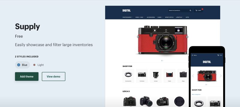 Supplyは、コレクションページでサイドバーを表示し、タグやグループで分けた商品一覧を閲覧できるので、商品が多い場合に求めている商品を探しやすいデザインです。スタイルは「Blue」「Light」の2種類です。