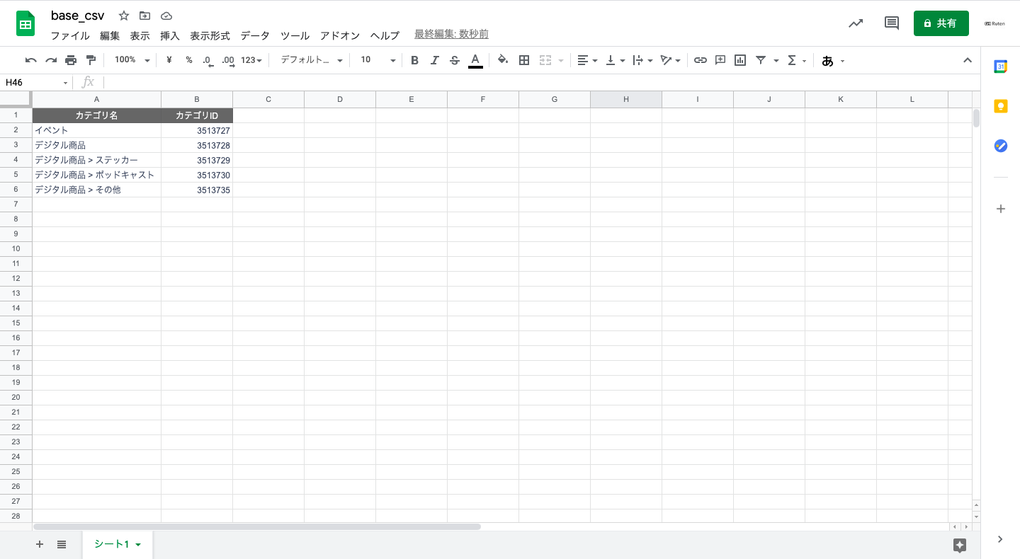 コピペが完了して以下のようになっていると正解です。1行目1列目から貼り付けができているか確認してください。
