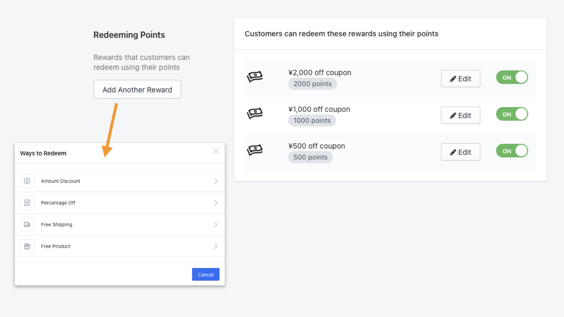 Redeeming Pointsの欄では、ポイントと交換できるリワードを設定します。
こちらもすでに3つの条件が設定されていますが、オフにすると無効になります。「Edit」をクリックするとリワードの内容を編集できます。

他にもリワードの種類を追加したい場合は「Add Another Reward」をクリックして追加します。
