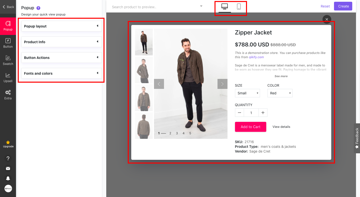 画面左側に編集メニューがあり、ポップアップのレイアウトや表示する情報の設定などを行います。ボタンをクリックした際のアクションなど細かな設定も可能です。画面上部にあるアイコンで「デスクトップ/モバイル」を切り替えることができ、両方のプレビューを表示することができます。
