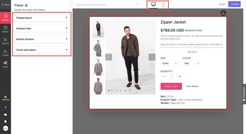 画面左側に編集メニューがあり、ポップアップのレイアウトや表示する情報の設定などを行います。ボタンをクリックした際のアクションなど細かな設定も可能です。画面上部にあるアイコンで「デスクトップ/モバイル」を切り替えることができ、両方のプレビューを表示することができます。