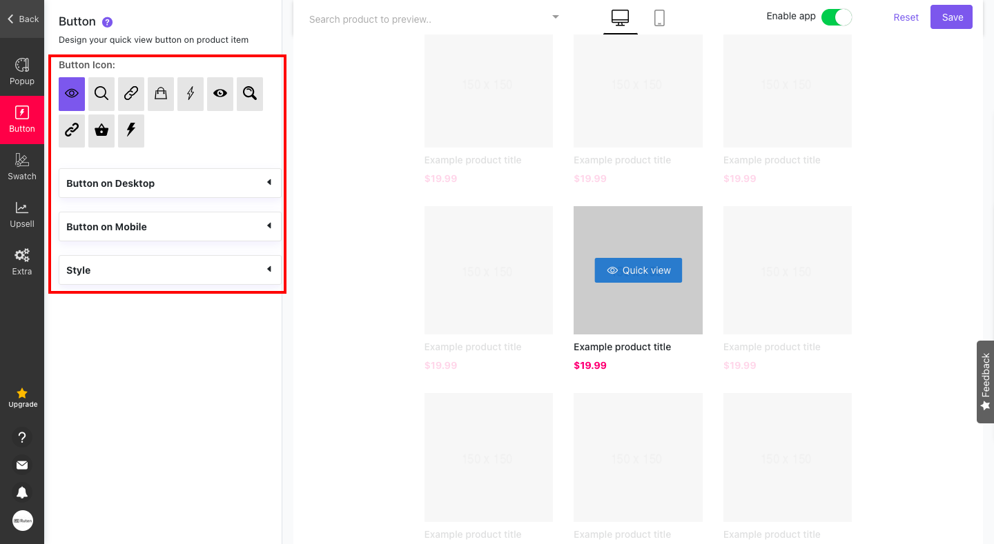 デスクトップで表示するボタンとモバイルで表示するボタンをそれぞれ設定するので、デバイスに最適なデザインを細かく編集することができます。また、ボタンのカラーやアイコンなども変更することができ、あなたのショップに合わせたデザイン作成が可能です。