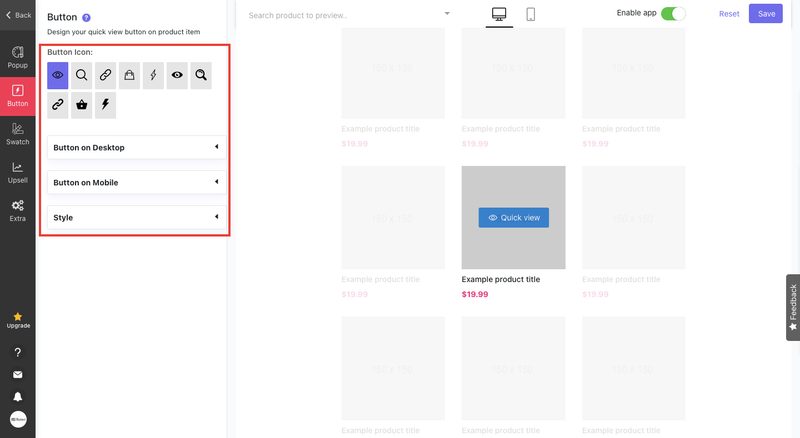 デスクトップで表示するボタンとモバイルで表示するボタンをそれぞれ設定するので、デバイスに最適なデザインを細かく編集することができます。また、ボタンのカラーやアイコンなども変更することができ、あなたのショップに合わせたデザイン作成が可能です。
