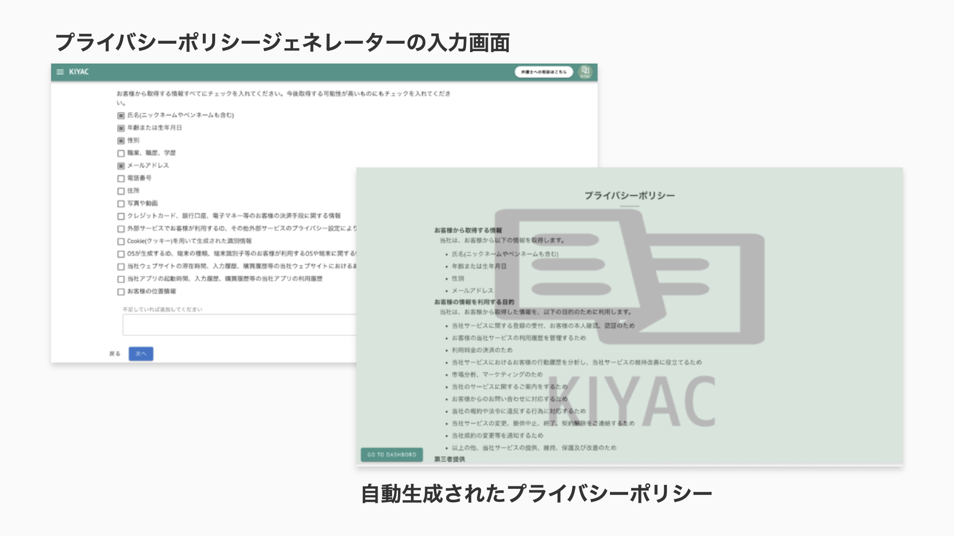 しかし、その作成を弁護士などの専門家に依頼すると高額の費用が発生することから、多くのサービスで、これらの規約類は他社のWebサイト事例や、雛形・テンプレートの「コピー＆ペースト」で作成されてきた実態があります。KIYACを使えば、いくつかの質問に回答するだけで、弁護士などの専門家に依頼するよりもはるかに安価に、WEBサービスの提供・運営上必須となる法律文書を自動生成することができます。