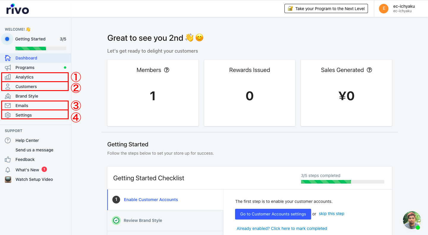 ①Analytics (分析)
ポイントやリワード、招待リンクについて顧客レポートを見ることができます。こちらの機能は有料プランでのみ使用可能です。

②Customers (顧客管理)
会員登録している顧客を一覧で確認し、それぞれのポイントやリワードを確認することができます。また、マーチャントからポイントをプレゼントすること可能です。

③Emails (メール通知)
ポイントを付与する際やリワードと交換をする際に、顧客へのメール通知を設定します。
④Setting (設定)
プランの変更や顧客データをCSVファイルで取り込むなど、その他の設定が可能です。