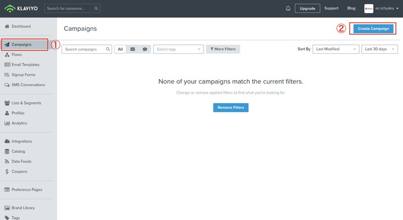 Klaviyoの管理画面から「Campaigns > Create Campaign」をクリックします。