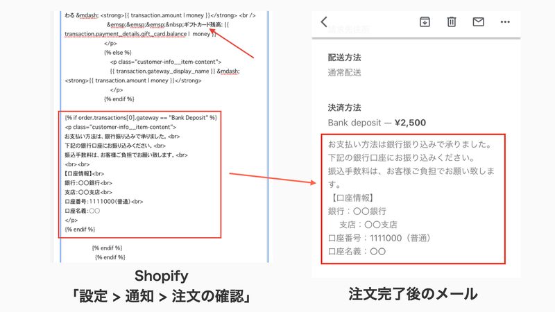 保存が完了したら、目印としてサイト内検索で「ギフトカード残高」を検索します。(ほとんど最後の行です。)そこから8行ほど下にある「{% endif %}」のすぐ下に以下のコードを貼り付けます。コード編集が完了したら画面最下部にある「保存する」をクリックして完了です。