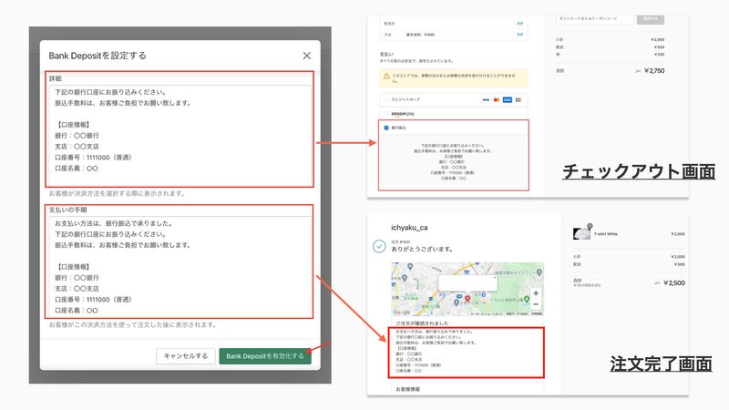 そうすると「Bank Deposit(銀行振込)」を設定するポップアップが表示されます。上側の「詳細」に入力する内容は、チェックアウト画面(決済手段を選択する画面)に表示され、下側の「支払いの手順」に入力する内容は、注文完了画面(決済後の画面)に表示されます。