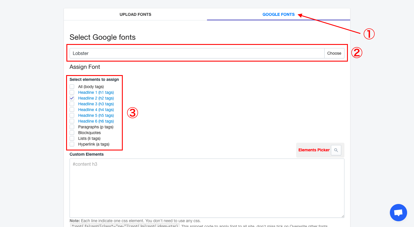 編集欄の上部にあるメニュータブで「GOOGLE FONTS」を選択します。Select Google fontsでフォントタイプを選択し、Select elements to assignでフォントを変更するタグを選択します。