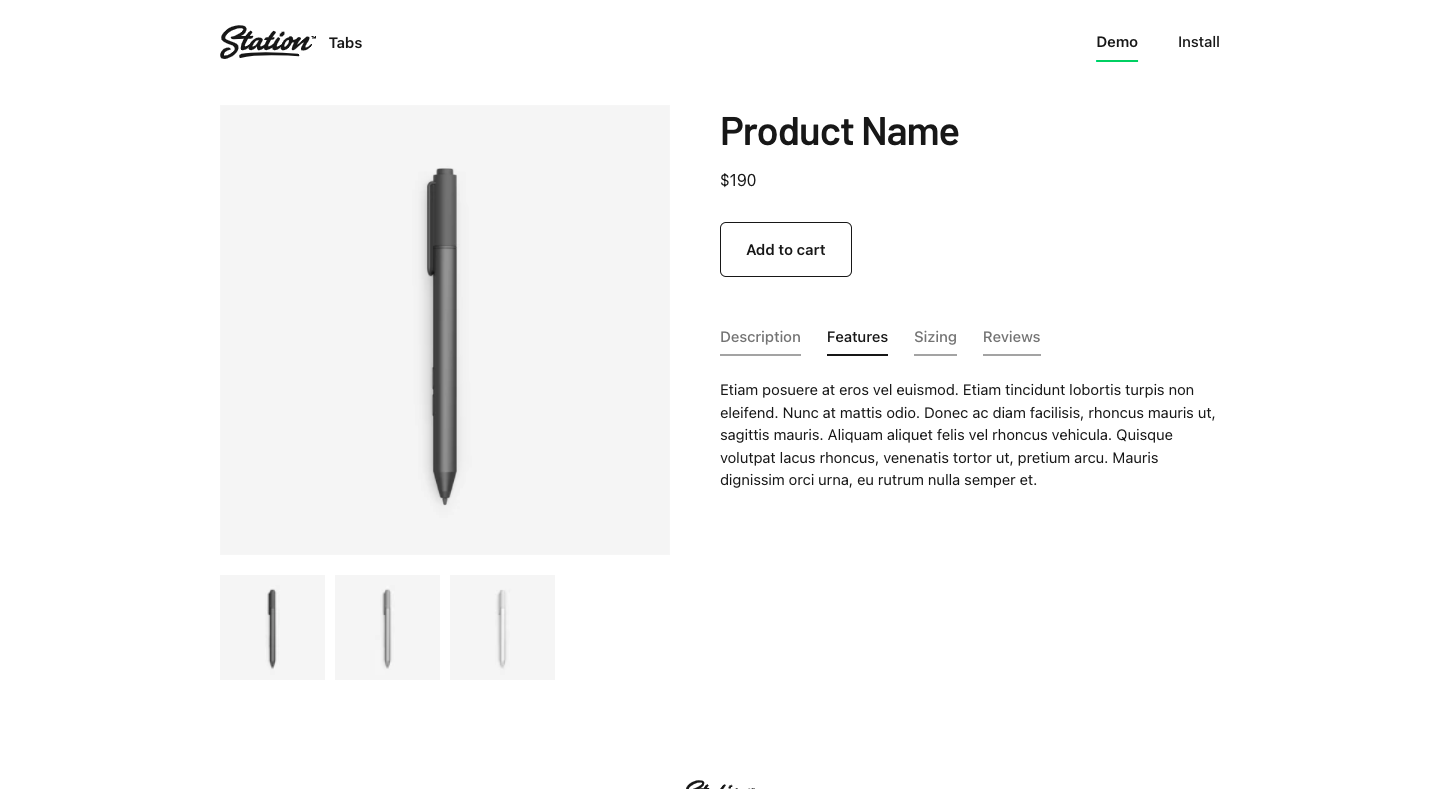 Tabs by Stationsは商品ページの様々な情報をタブで分け、切替表示するアプリです。商品ページにはサイズ詳細や配送ポリシー、商品レビューなどたくさんの情報を掲載するため、ページが長くて見づらくなってしまいます。