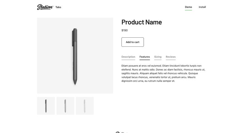 Tabs by Stationsは商品ページの様々な情報をタブで分け、切替表示するアプリです。商品ページにはサイズ詳細や配送ポリシー、商品レビューなどたくさんの情報を掲載するため、ページが長くて見づらくなってしまいます。