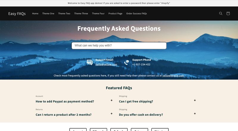 Easy FAQはオリジナルデザインのFAQを作成できるアプリです。質問内容の検索機能やカテゴリ分けが可能なので、多くのFAQを掲載しているショップでもユーザーは簡単に必要な情報を見つけることができます。