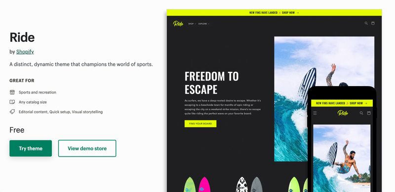 Rideは、ダークな背景と大胆なタイポグラフィ、アクセントカラーを組み合わせてポップに演出したデザインのテーマです。左右非対称なデザインが画像と長い文章の組み合わせをスタイリッシュにまとめ、ブランドのストーリーテリングに最適化されています。スタイルは1種類です。