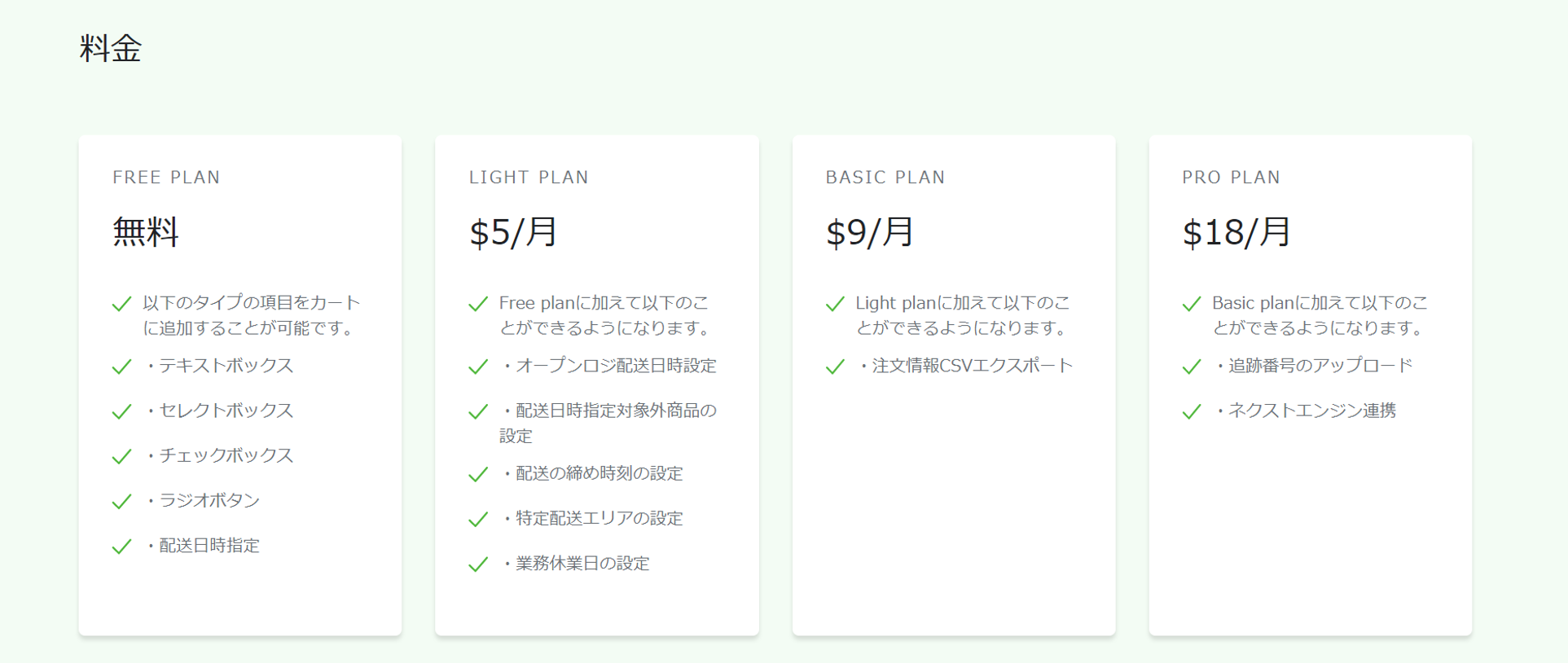 そのほかにも配送時間の締め切り設定や特定配送エリアの設定などを使用したい場合は、Light Plan（5ドル/月）、注文情報のCSVエクスポート機能を使用したい場合はBasic Plan（9ドル/月）、Pro Plan（18ドル/月）では追跡番号を含めたすべての機能が使用することができます。