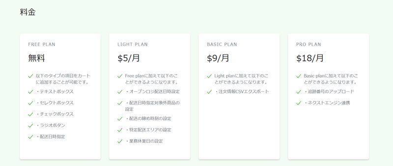 そのほかにも配送時間の締め切り設定や特定配送エリアの設定などを使用したい場合は、Light Plan（5ドル/月）、注文情報のCSVエクスポート機能を使用したい場合はBasic Plan（9ドル/月）、Pro Plan（18ドル/月）では追跡番号を含めたすべての機能が使用することができます。