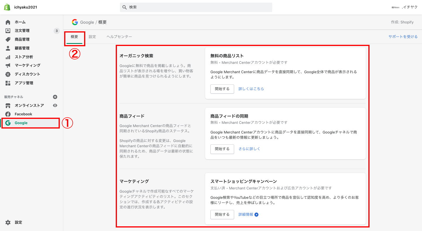 最後に、Shopifyの管理画面から「Googleチャネル」をクリックし、メニューの「概要から」広告を配信することができます。