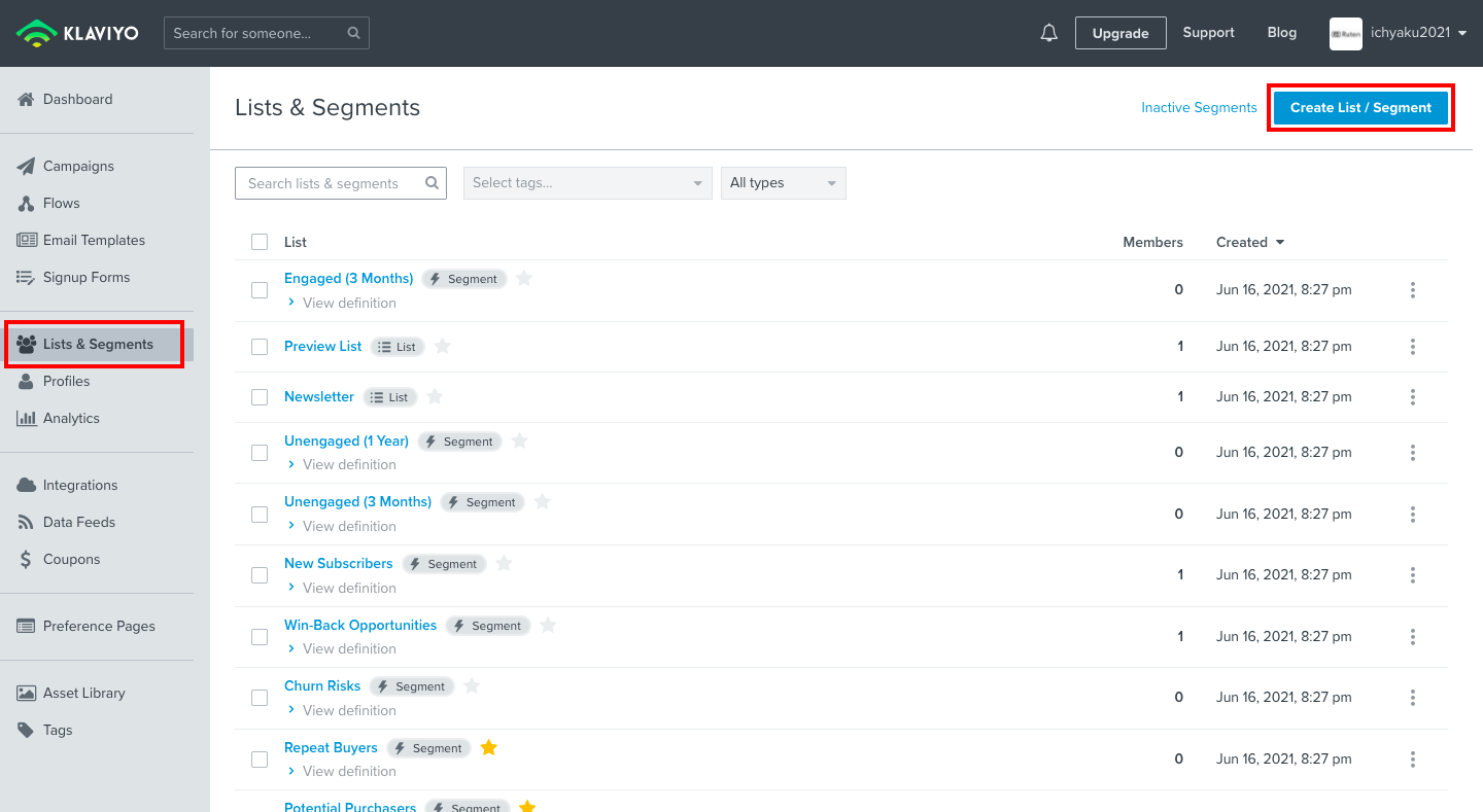Klaviyoの管理画面から「Lists & Segments」をクリックします。すでに準備されたセグメントもありますが、新たに作成する場合は「Create List / Segment」をクリックします。
