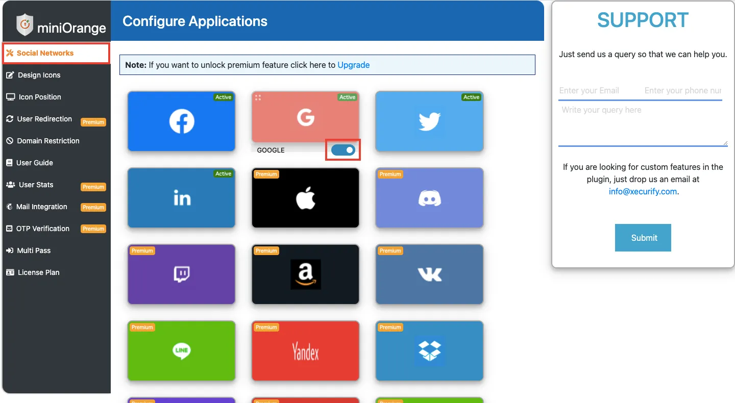 メニューの「Social Networks」をクリックし、各SNSのスイッチをオンにすることで、あなたのショップにログインボタンが追加されます。