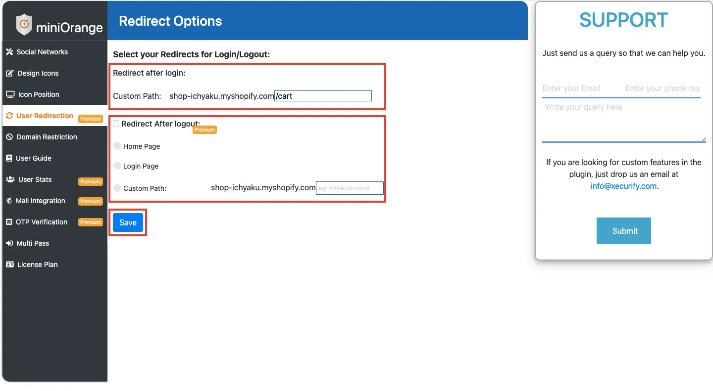 メニューの「User Redirection」をクリックし、顧客がログインやログアウト後に遷移する先のページを設定します。ログアウト後のページ指定は、有料プランのみ設定が可能です。それぞれ、カスタムパスを選択する場合は、入力項目に遷移させたいページのパーマリンクを入力します。「Save」をクリックして完了です。