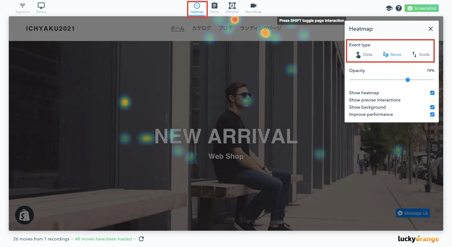 画面上部にある「Heatmap」をクリックするとメニューが表示され、「Clicks」「Moves」「Scrolls」のヒートマップに切り替えることができます。