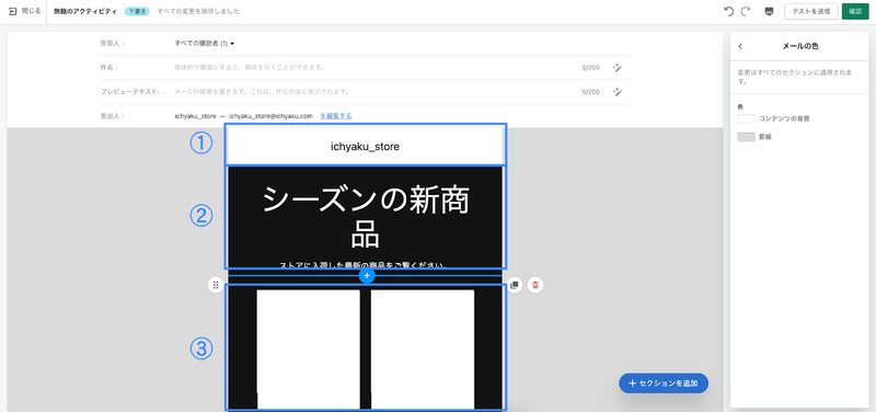 顧客に送るメールのデザインと本文を作成します。初めに「受取人」を選択、「件名」「プレビューテキスト」を入力しておきましょう。デザインと本文はセクションという枠で構成されています。下の画像では①「ヘッダー(ストア名)」、②「テキスト」、③「商品」のセクションで構成されています。