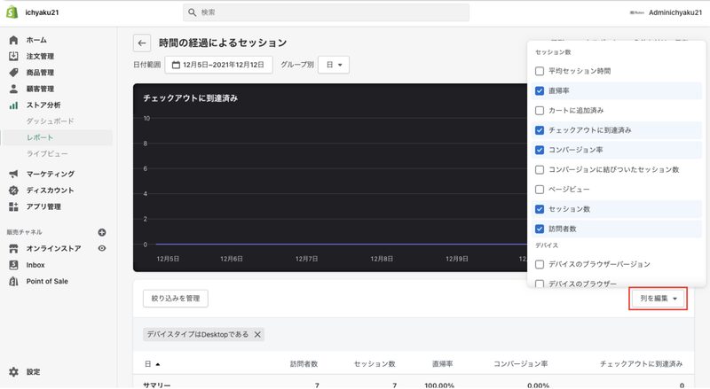 レポート画面の「列を編集」をクリックすると、レポート画面下部に表示されるデータ項目を追加したり、いらないものを削除することができます。